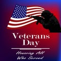 Silhouette of an American soldier on the background of the flag of the United States and the inscription Veterans Day