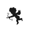 Silhouette amour cupid baby, symbol ancient mythology angle holding bow and arrow isolated on white background.