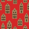 Silhouette of Amsterdam style paper houses lantern. Seamless pattern. Buildings in old European fashion. Christmas LED