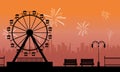 Silhouette amusement park with firework scenery