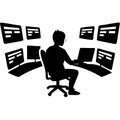 Silhouette of Analyst at Computer Monitoring Multiple Screens for Security and Data Management