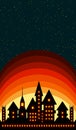 Silhouette of an ancient castle with shining windows on sunset and starry night sky background 3D illustration