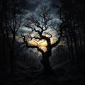 Silhouette of ancient tree at sunrise in dark forest Royalty Free Stock Photo