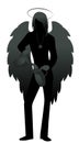 Silhouette of angel with appearance and clothes of young man, great wings, hair fair, pouring water from one jug to another. Royalty Free Stock Photo