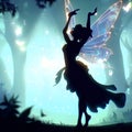 Silhouette of an angel with beautiful transparent wings in a fantastic forest dancing with happy, 8k, nature