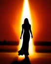 Silhouette of angel girl with big white wings Early morning, Sunrise. Ai generated Royalty Free Stock Photo