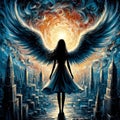 Silhouette an angel girl with her wings, standing with back view, looking to the angel city, mysterious, sci-fi, bold painting