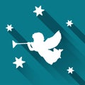 Silhouette of angel with trumpet and stars, background