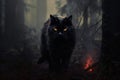Silhouette of angry Halloween black cat in dark eerie burning forest backdrop.