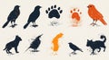 Silhouette animal collection birds, paws, pets grunge texture design elements Royalty Free Stock Photo