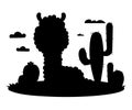 Silhouette animal Llama. Alpaca with cacti and clouds. Black hand drawn. Vector illustration. Royalty Free Stock Photo