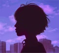 Silhouette of an anime girl on the background of the evening city