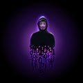 Silhouette anonymous computer hacker in hood with binary code on purple background. Anonymous hacker activist group. hacking