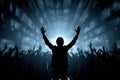 Silhouette of anonymous fan raising hands while having fun on music show in club. Generative AI Royalty Free Stock Photo