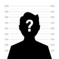 Silhouette of anonymous man with question mark in background of criminal record or police serial