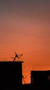 Silhouette of an antenna on a building at dusk