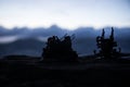 An anti-aircraft cannon and Military silhouettes fighting scene on war fog sky background, World War Soldiers Silhouettes Below