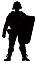 Silhouette of Anti-Riot Special Police Squad Member in Full Gear with Shield and Helmet