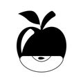 Silhouette apple icon. Whole apple with a slice and seed inside. Fruit with branch and leaf.