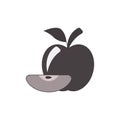 Silhouette apple icon. Whole apple with a slice and seed inside. Fruit with branch and leaf.