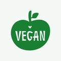 Silhouette of apple with text Vegan and heart. Vegetarian logo, print, sticker, symbol, label, poster.