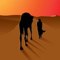 Silhouette arabic man with camel on beautiful sunset of desert vector illustration