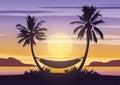 Silhouette art design of sea on sunset time and palm trees with a hammock Royalty Free Stock Photo