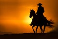 Silhouette art image of a cowboy riding a horse in a wide field Royalty Free Stock Photo