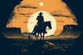 Silhouette art image of a cowboy riding a horse in a wide field Royalty Free Stock Photo