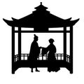 Silhouette asian couple of lovers in gazebo. Celebration Valentines day.