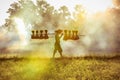 Silhouette of asian farmer Bearing seedlings of rice to plant Royalty Free Stock Photo