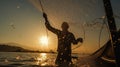 Silhouette of asian fishermen with fishing net in morning sunshine along harbor. Stop motion water drop on sea, generative ai Royalty Free Stock Photo