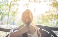 Silhouette Asian girl sitting in the park