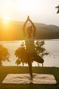 silhouette of asian pregnant woman practicing yoga on green grass in public park. concept of prenatal Royalty Free Stock Photo