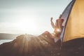 Silhouette Asian woman relaxing in nature winter season during camping Royalty Free Stock Photo