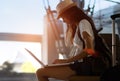 Silhouette of asian woman teenager using laptop Royalty Free Stock Photo