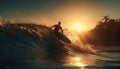 Silhouette of athlete surfing barrel at sunset in tropical paradise generated by AI Royalty Free Stock Photo
