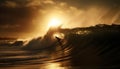 Silhouette of athlete surfing in Maui awe inspiring tropical sunset generated by AI
