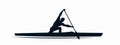 Silhouette of an athlete who is engaged in kayaking, standing in support on one knee. Sports logo, kayak symbol