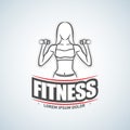 Silhouette of athletic woman with dumbbells. Gym club logotype. Sport Fitness club creative concept. Bodybuilder Fitness Model