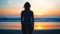 Silhouette Athletic woman portrait outdoor. Caucasian female sportive woman standing on nature ocean beach