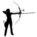 Silhouette attractive female archer bending a bow and aiming in the target