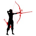 Silhouette attractive female archer bending a bow and aiming in the target