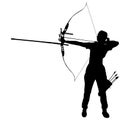 Silhouette attractive female archer bending a bow and aiming in the target