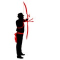 Silhouette attractive male archer bending a bow and aiming in the target