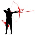 Silhouette attractive male archer bending a bow and aiming in the target