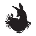 Silhouette Australian animal bilby with heart and flowers. Valentine enamored character. Black hand drawing. Vector