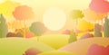 Silhouette autumn landscape. Beautiful scenic plant. Sunset. Cartoon style. Hills with grass and trees. Cool romantic Royalty Free Stock Photo