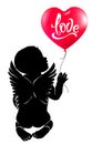 Silhouette baby angel with red heart balloon Love. Royalty Free Stock Photo