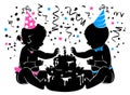 Silhouette baby boy girl twins with birthday cake with candle Royalty Free Stock Photo